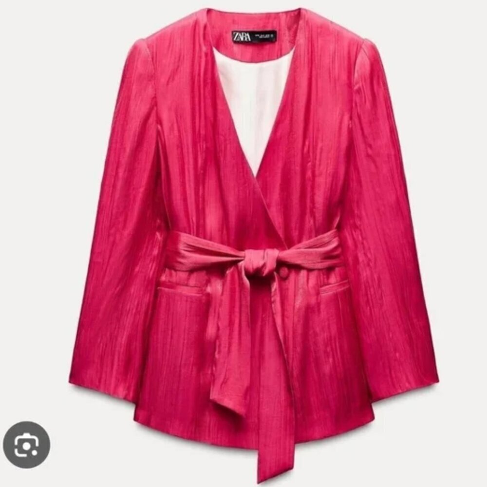 ZARA Double Breasted Belted Wrinkle Blazer Jacket Pink XS NWT